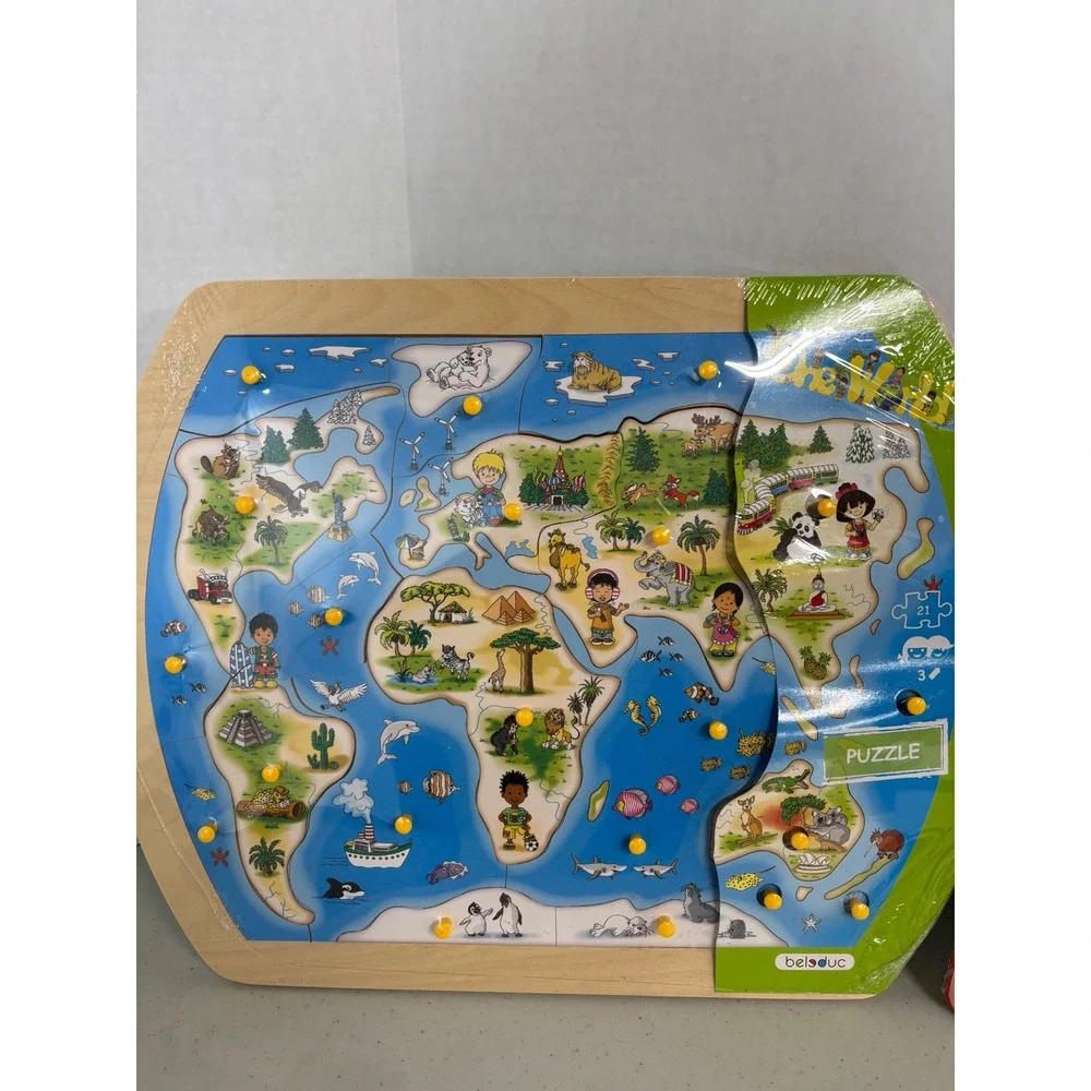 Wooden Puzzle Lot Beleduc One World Map 21pc & Learning Journey‎ Dino 8pc NEW